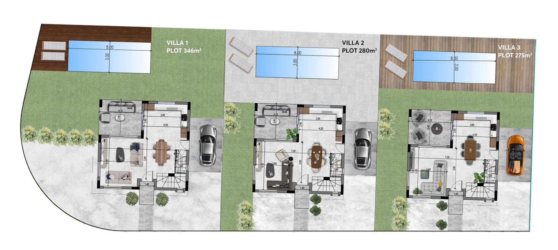 Oceania Villas site plan — three detached villas in Xylophagou
